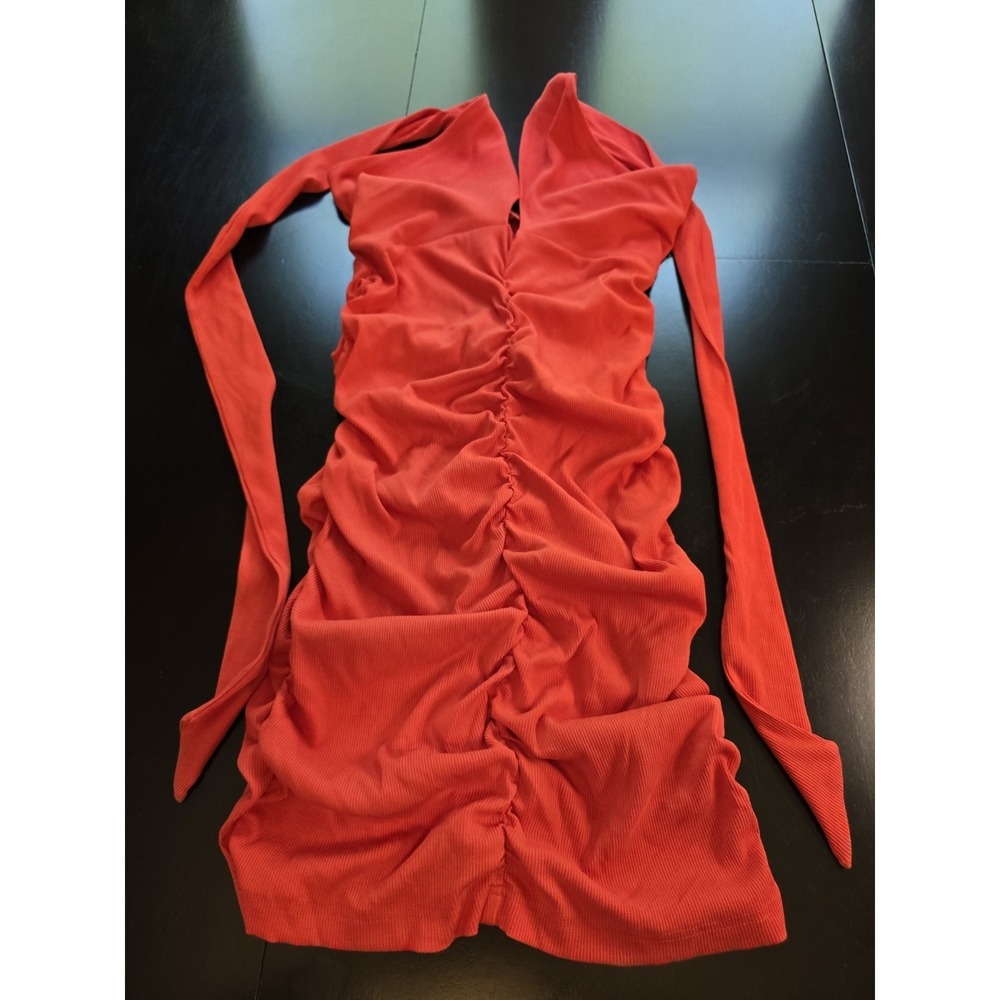 ILLA ILLA‎ Red Ribbed Ruched Halter Mini Dress Cut Out Size S Boutique
